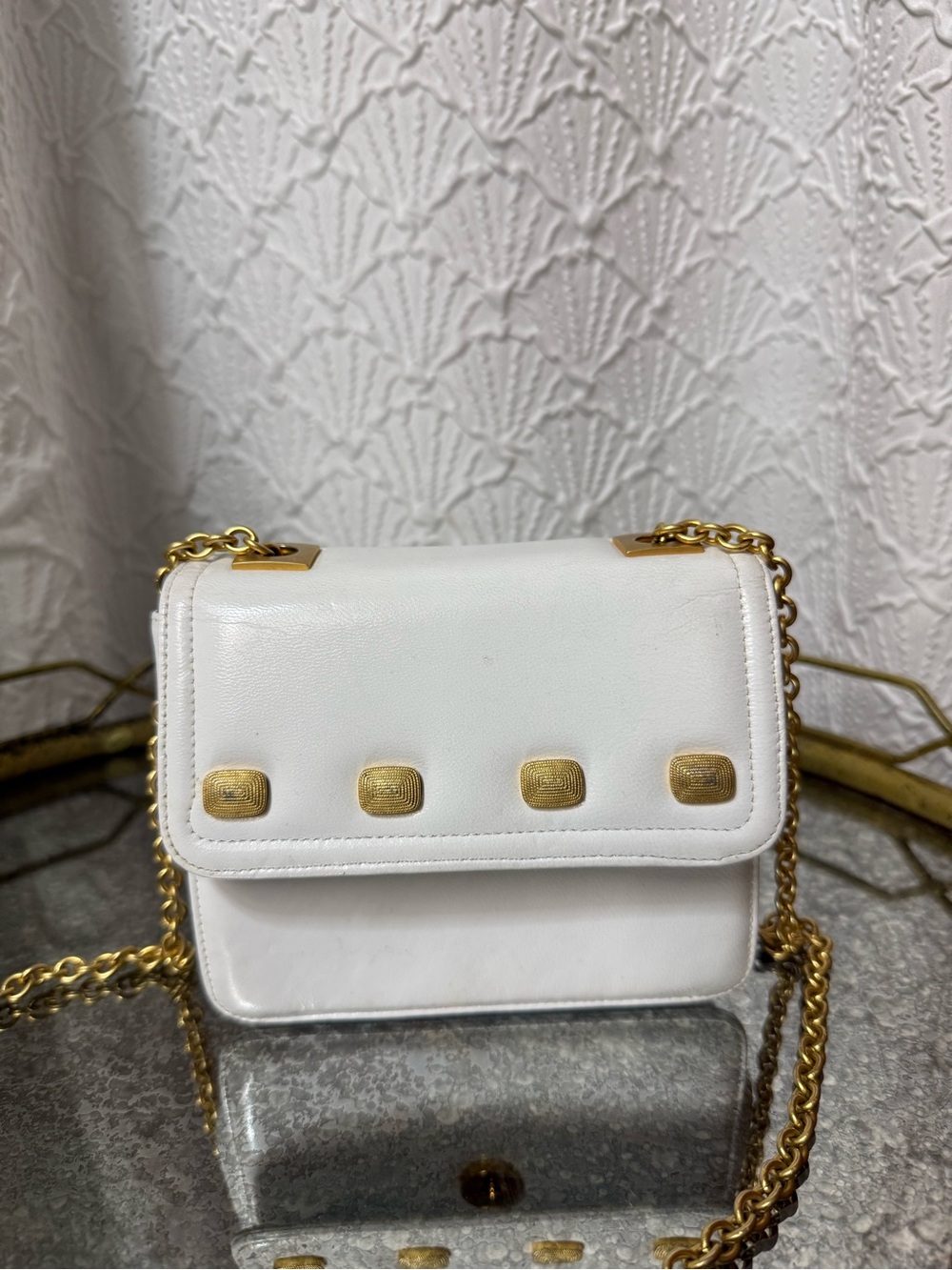 White Leather Crossbody Bag with Gold Chain and Stud Details